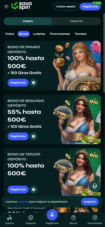 Página de bonificaciones de Savaspin
